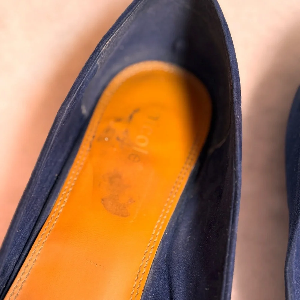 Nicole Navy Soft‎ Peep Toe Flats with Small Chunk Heal & Cute Bow, Sz 10W